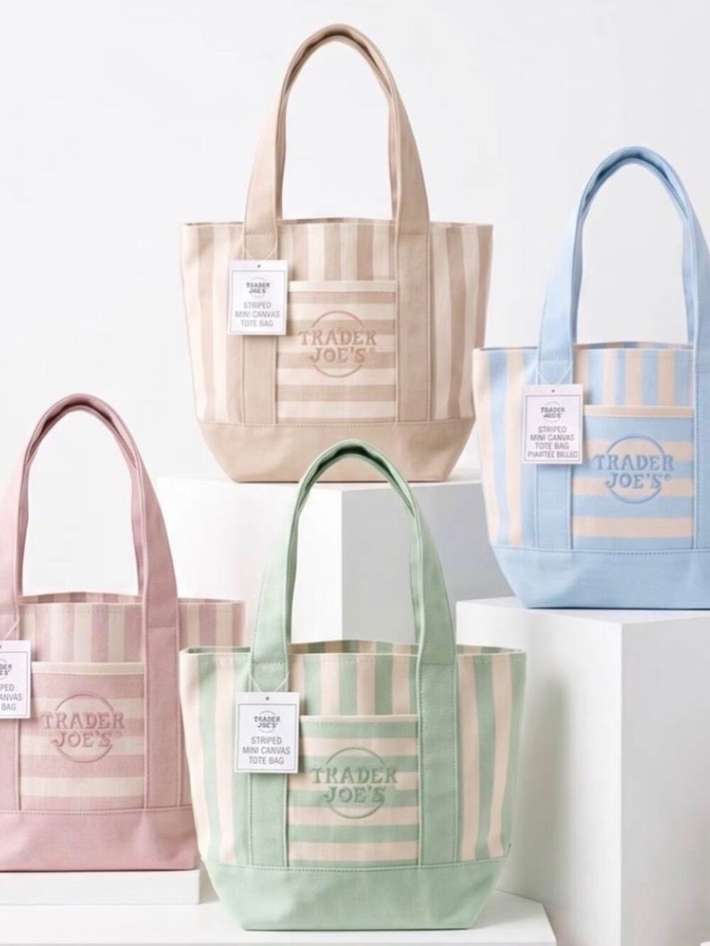 NWT Trader Joe's Mini Canvas Striped Tote Bag Sky Blue Pastel White - Picture 3 of 9